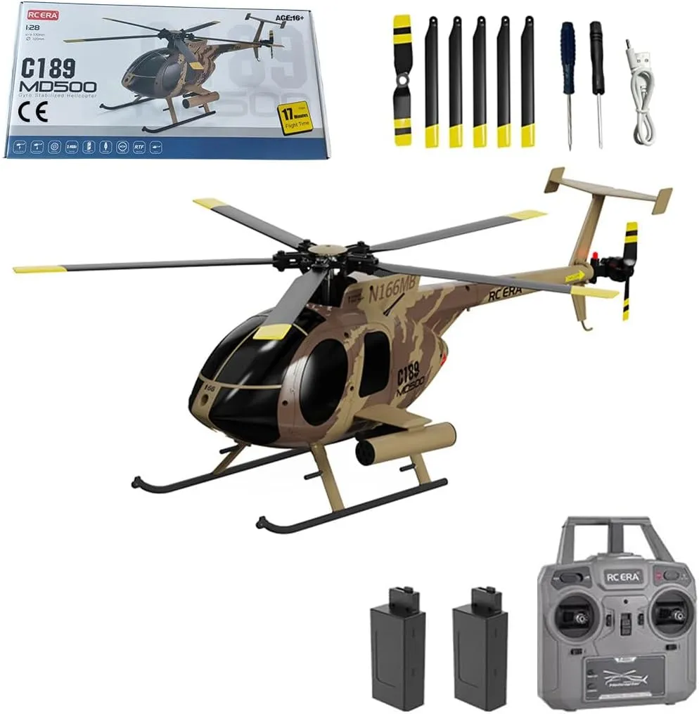 MD500 C189 Remote Control Helicopter for Adults, 1/28 Scale 2.4G 4CH Little Bird Single-Rotor with 6-Axis Gyro and Brushless Motor, RC RTF Altitude Hover Aircraft, 2 Batteries