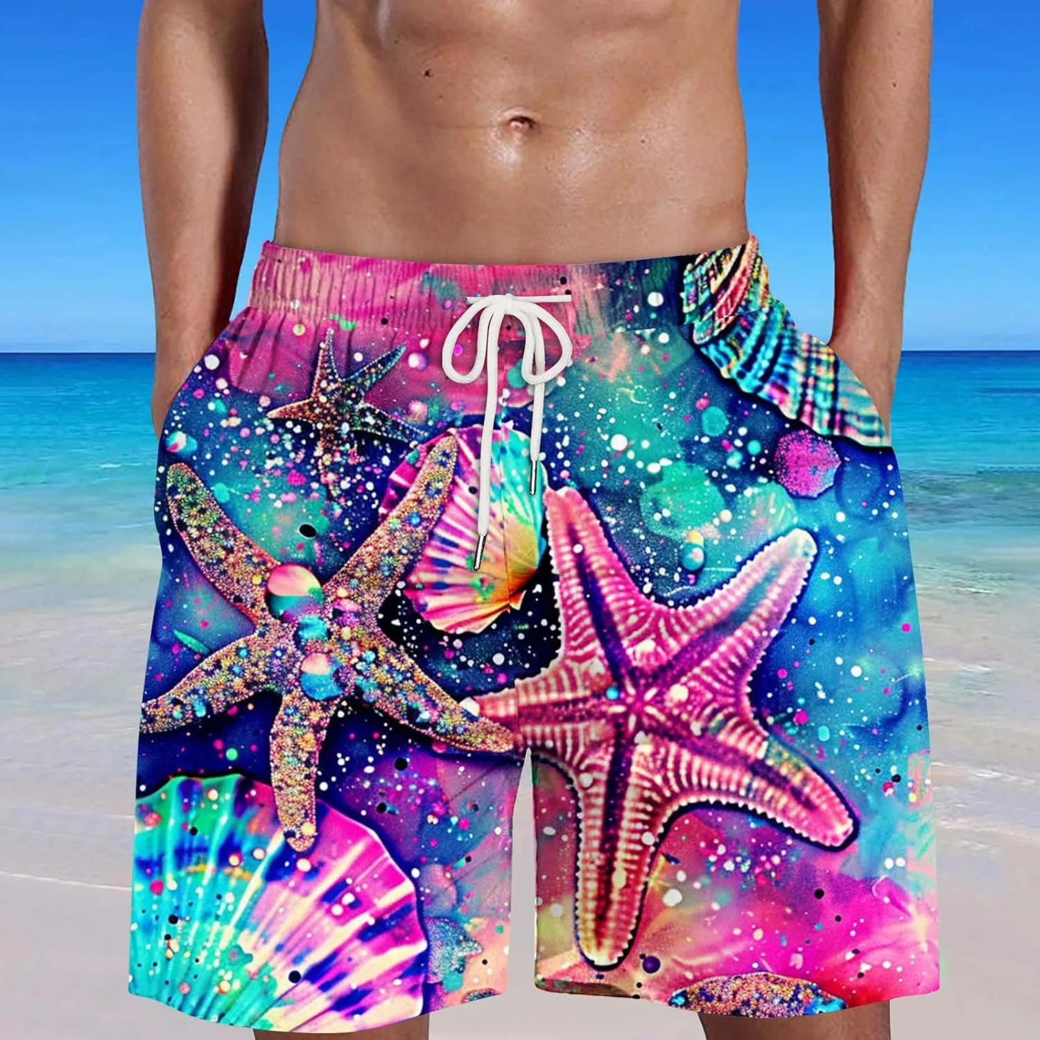 Mens Swimming Trunks Swimsuit Print Drawstring Tie Elastic Waist Casual Fashion Beach Shorts Mens Boys Shorts Man