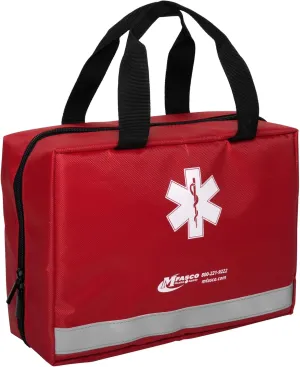MFASCO Rapid Response First Aid Kit Red Bag - Comprehensive 200  Piece Emergency Supplies in Portable Tote Bag with Clear Pockets, Sturdy Handles, and Reflective Strip - Assembled in USA