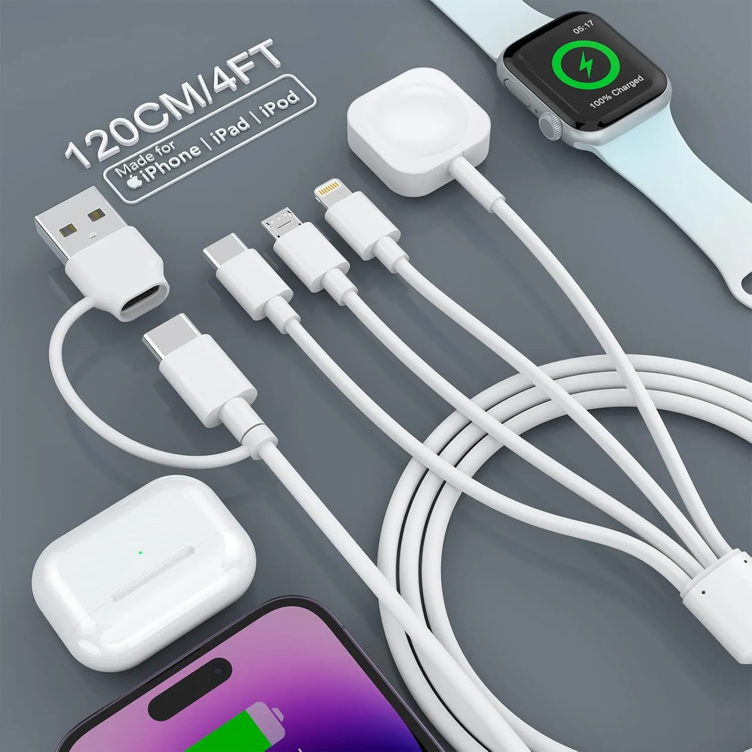 [MFi Certified] 4 in 2 iWatch Charger for Apple Watch Series 8 7 6 5 4 3 2 1 SE1 SE2, Fast, 4FT Wireless iWatch Charger Compatible with Apple Watch, iPhone 13,12,11,Pro,Max,XR,XS & Pad