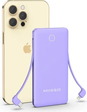 miisso 10000mAh Slim Portable Charger with Built in Cable, Power Bank Travel Charger External Battery Pack for Phone, 4 Output USB Type C Cord Clutch Charger Compatible with iPhone, Purple