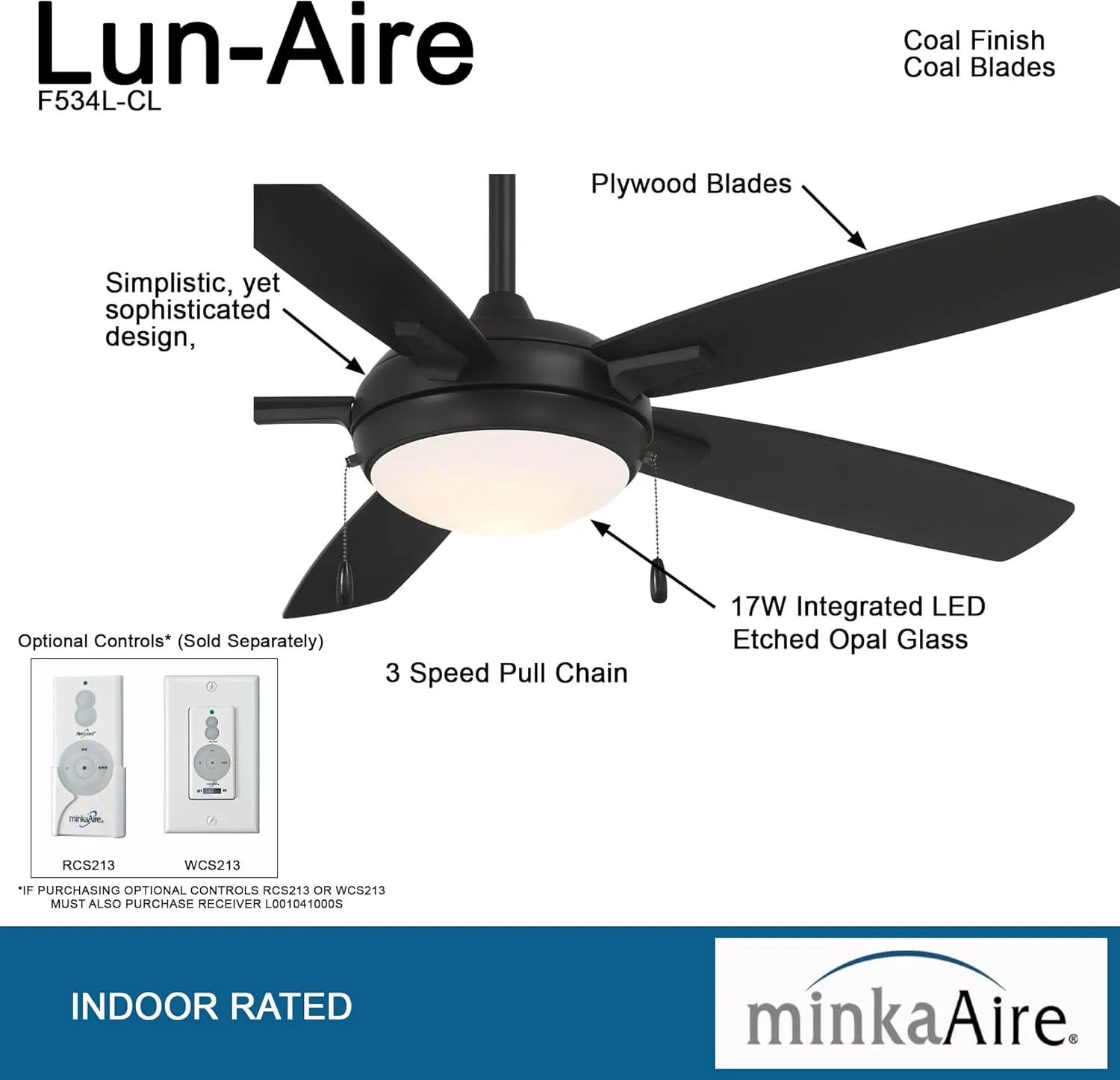 Minka-Aire F534L-CL Lun-Aire With Light 54 Inch Ceiling Fan with Integrated 17W LED Light in Coal Finish