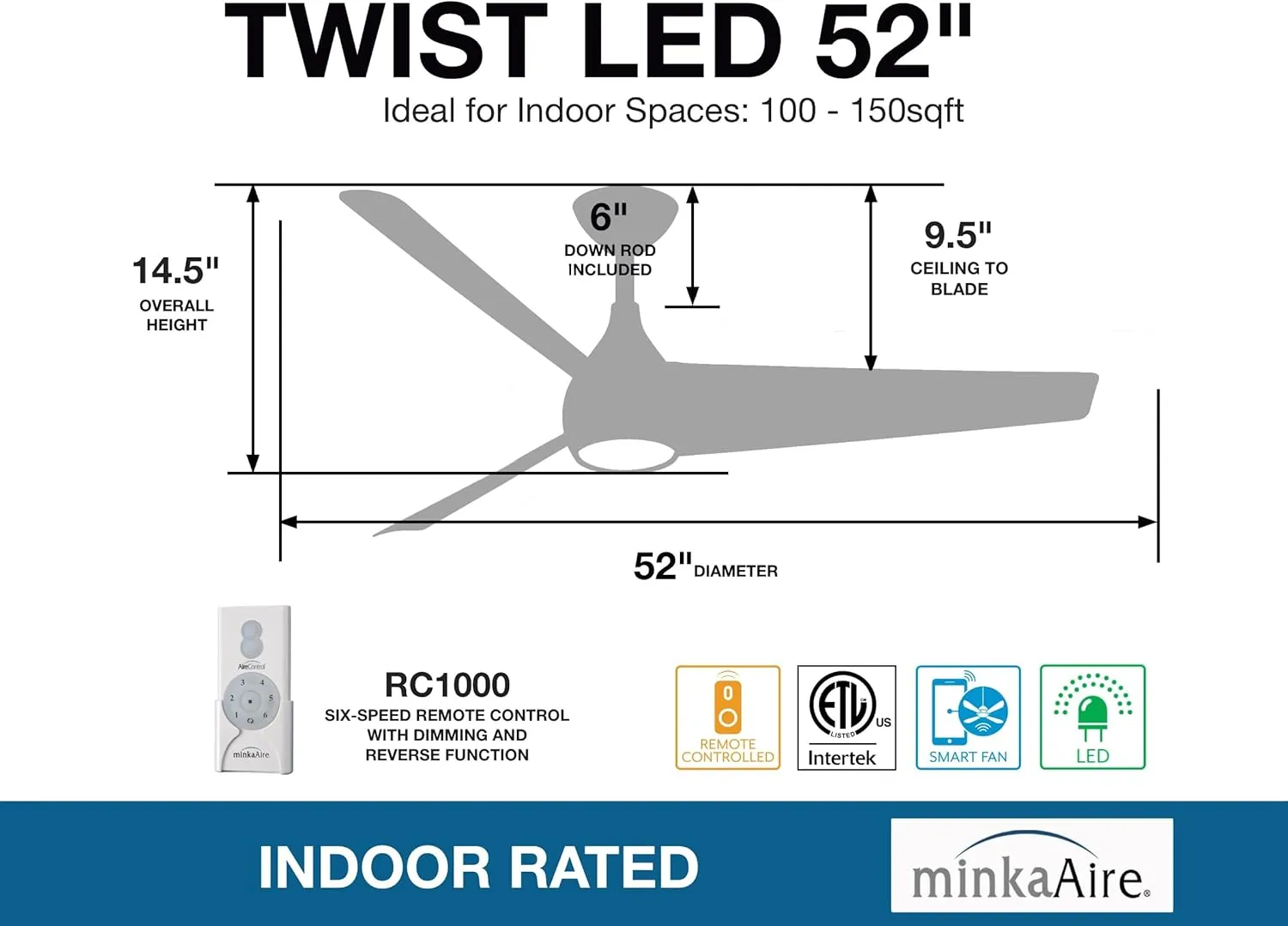 Minka Aire F678L-CL Twist 52" Ceiling Fan with LED Lights and Remote Control, Coal