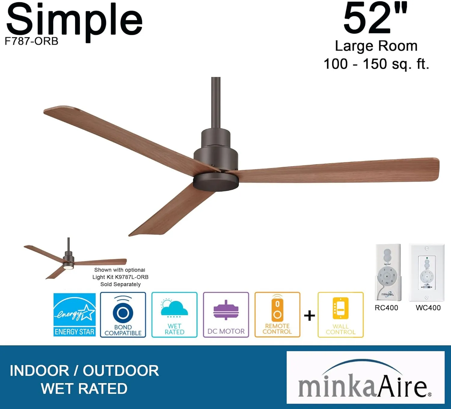MINKA-AIRE F787-ORB, Simple 52" Ceiling Fan, Oil Rubbed Bronze Finish with Additional Wall Control