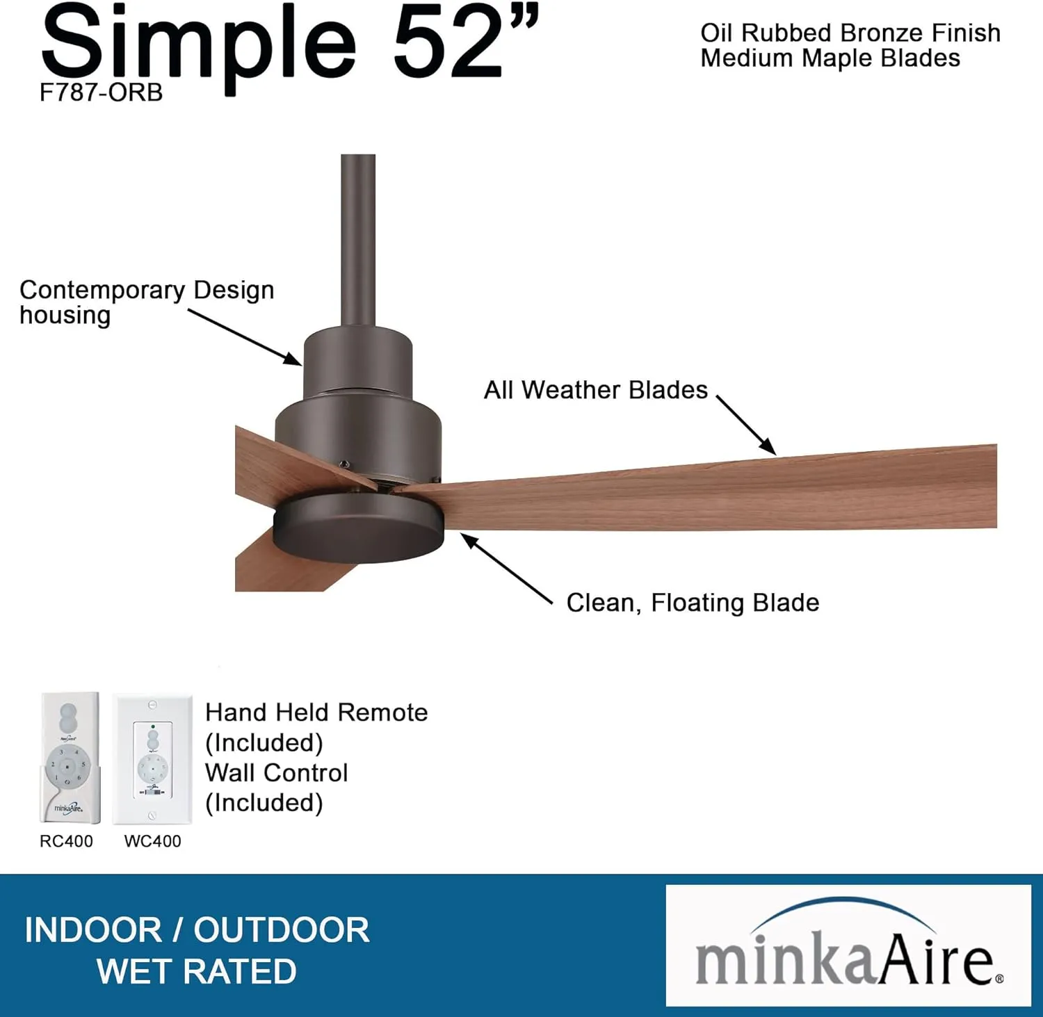 MINKA-AIRE F787-ORB, Simple 52" Ceiling Fan, Oil Rubbed Bronze Finish with Additional Wall Control