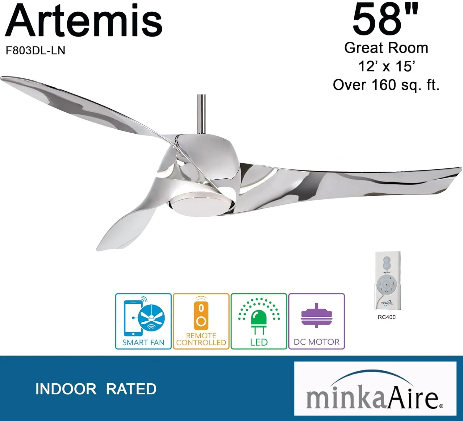 MINKA-AIRE F803DL-LN Artemis LED 58" Ceiling Fan with Lights & Remote Control, Liquid Nickel