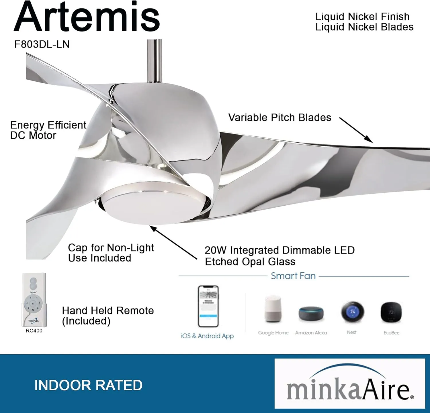 MINKA-AIRE F803DL-LN Artemis LED 58" Ceiling Fan with Lights & Remote Control, Liquid Nickel