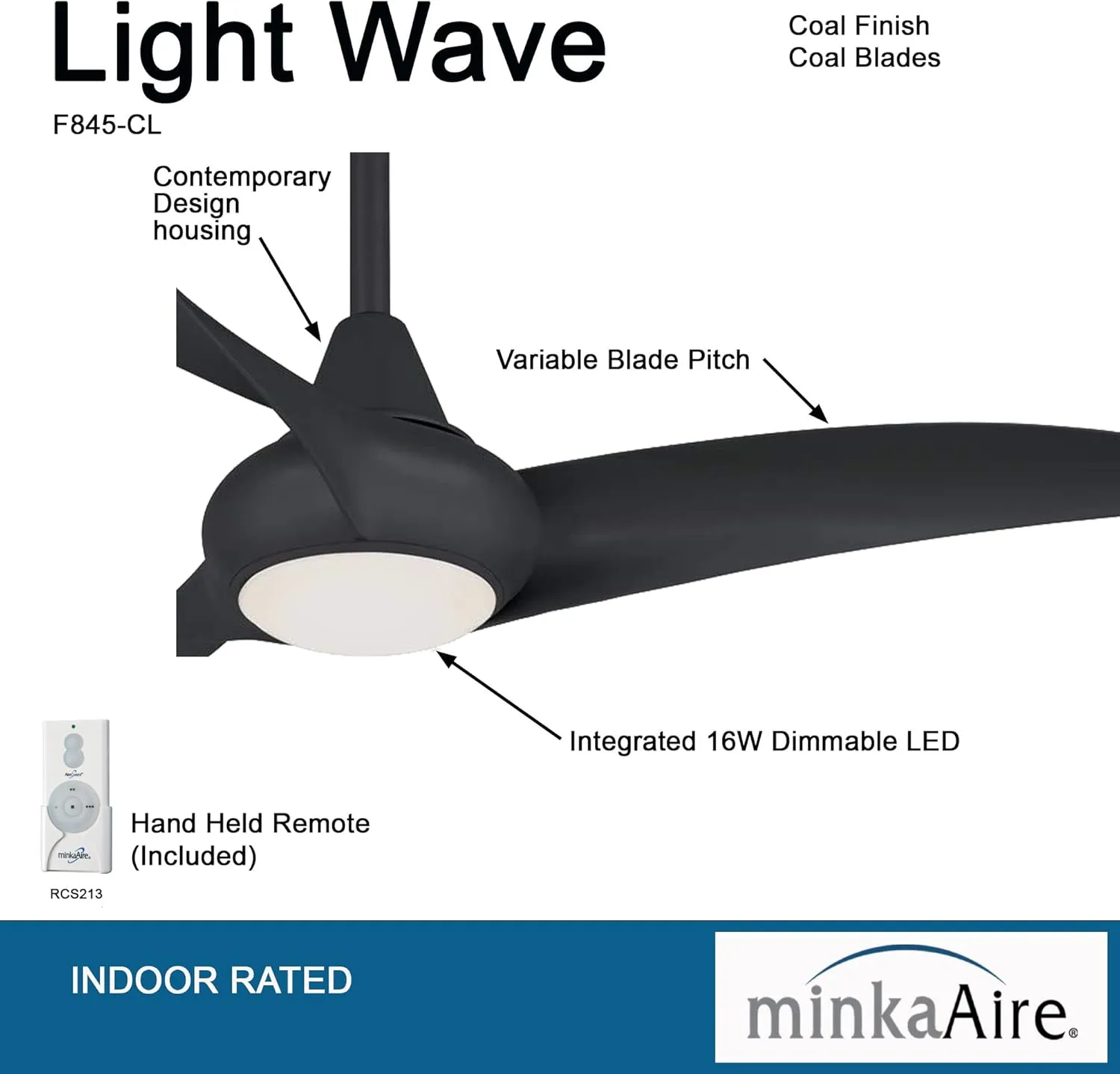 MINKA-AIRE F845-CL Light Wave 44" Ceiling Fan with LED Light and Remote Control in Coal Finish