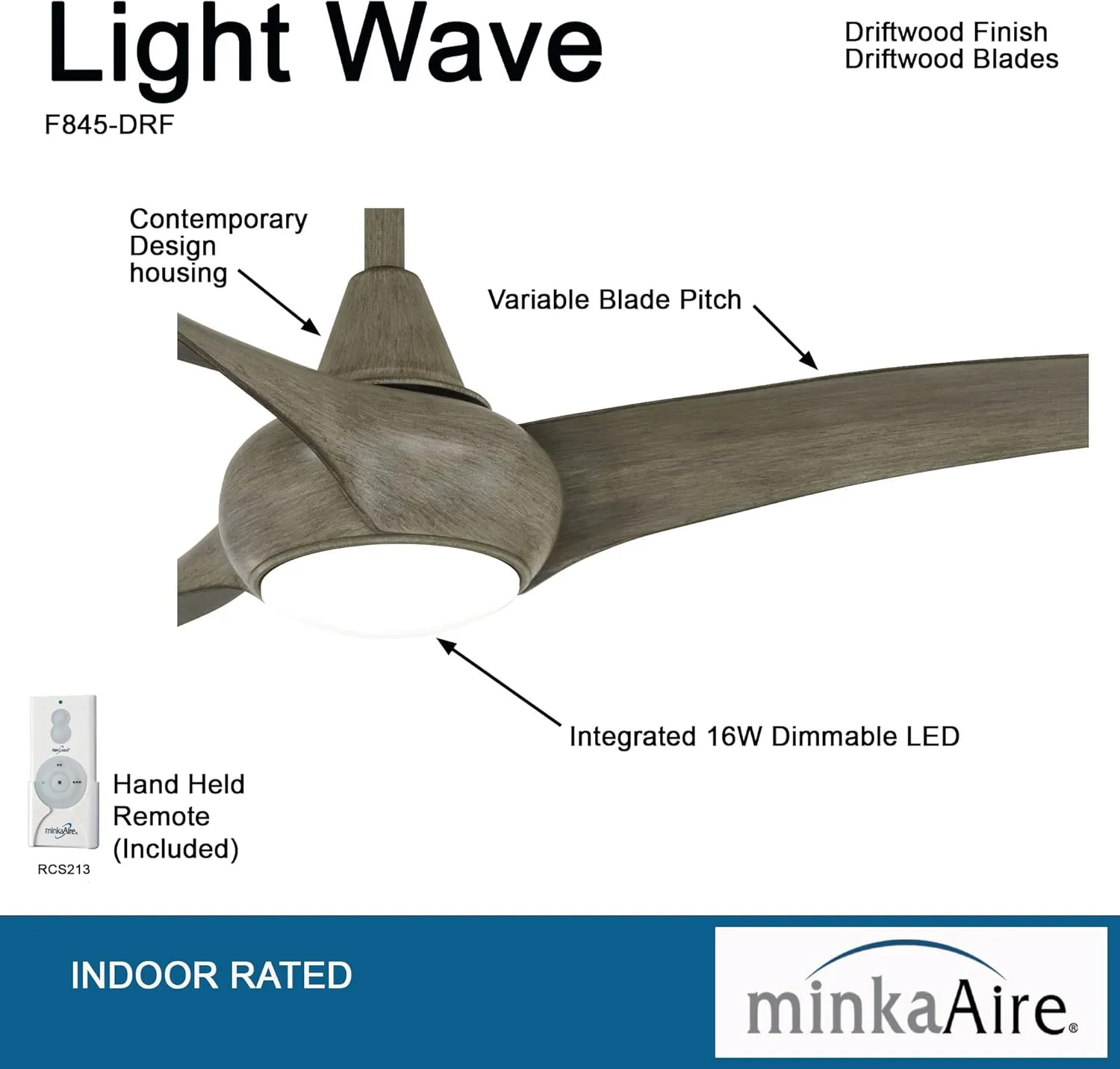 MINKA-AIRE F845-DRF Light Wave 44" Ceiling Fan with LED Light and Remote Control in Driftwood Finish