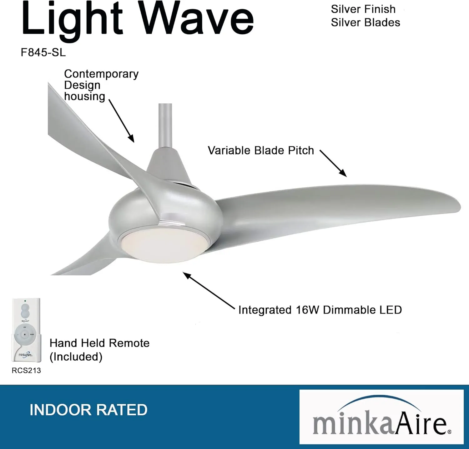 MINKA-AIRE F845-SL Light Wave 44" Ceiling Fan with LED Light and Remote Control in Silver Finish