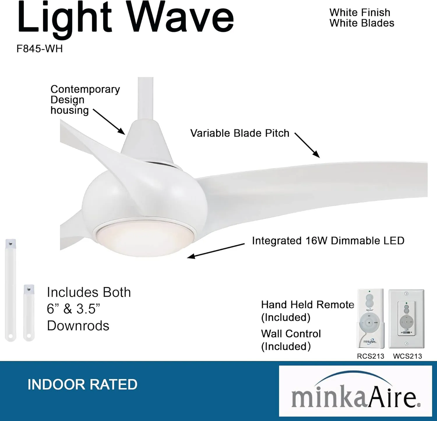MINKA-AIRE F845-WH Light Wave 44" Ceiling Fan, White Finish with Remote and Additional Wall Control and 3.5 Inch Downrod………