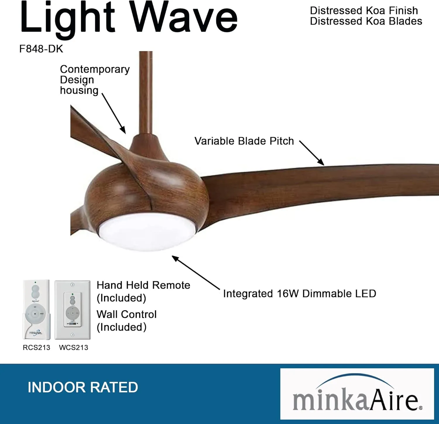 MINKA-AIRE F848-DK Light Wave 65" Ceiling Fan, Distressed Koa Finish with Remote and Additional Wall Control