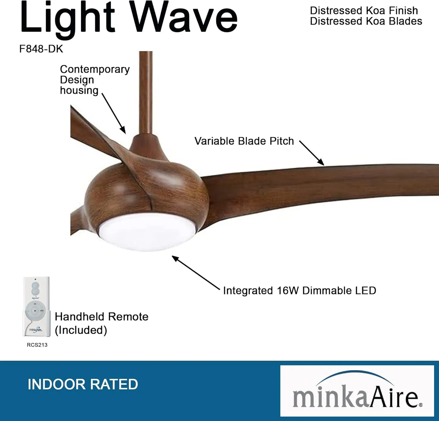 MINKA-AIRE F848-DK Light Wave 65" Ceiling Fan with LED Light and Remote Control in Distressed Koa Finish