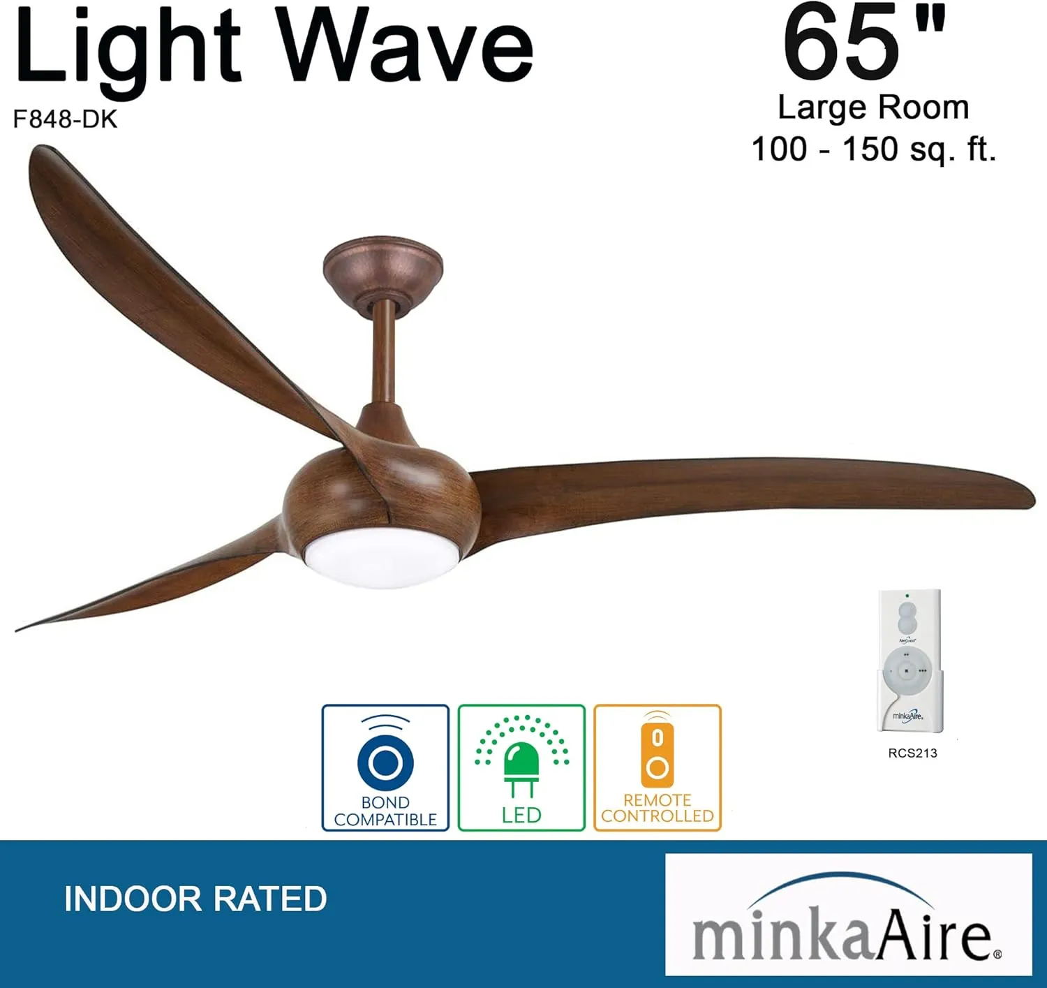 MINKA-AIRE F848-DK Light Wave 65" Ceiling Fan with LED Light and Remote Control in Distressed Koa Finish