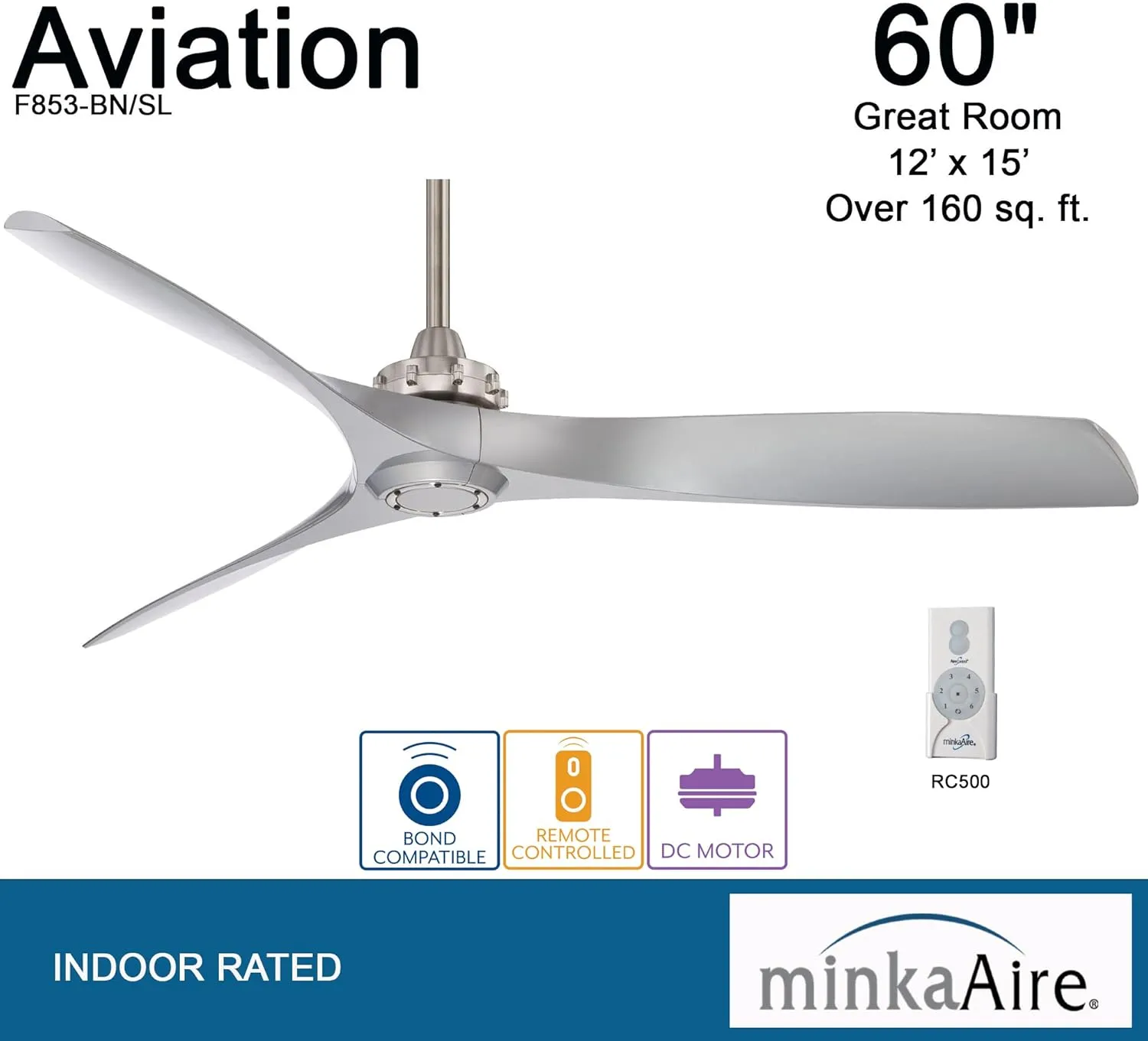 MINKA-AIRE F853-BN/SL Aviation 60 Inch Ceiling Fan with DC Motor in Brushed Nickel Finish and Silver Blades