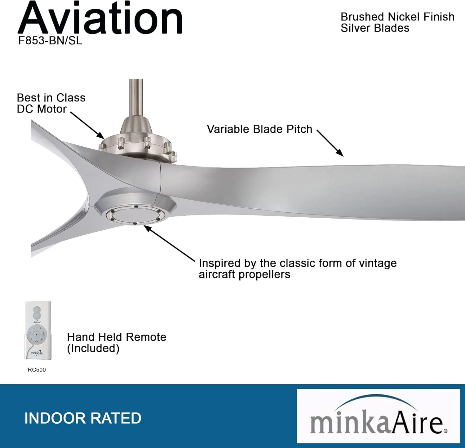 MINKA-AIRE F853-BN/SL Aviation 60 Inch Ceiling Fan with DC Motor in Brushed Nickel Finish and Silver Blades