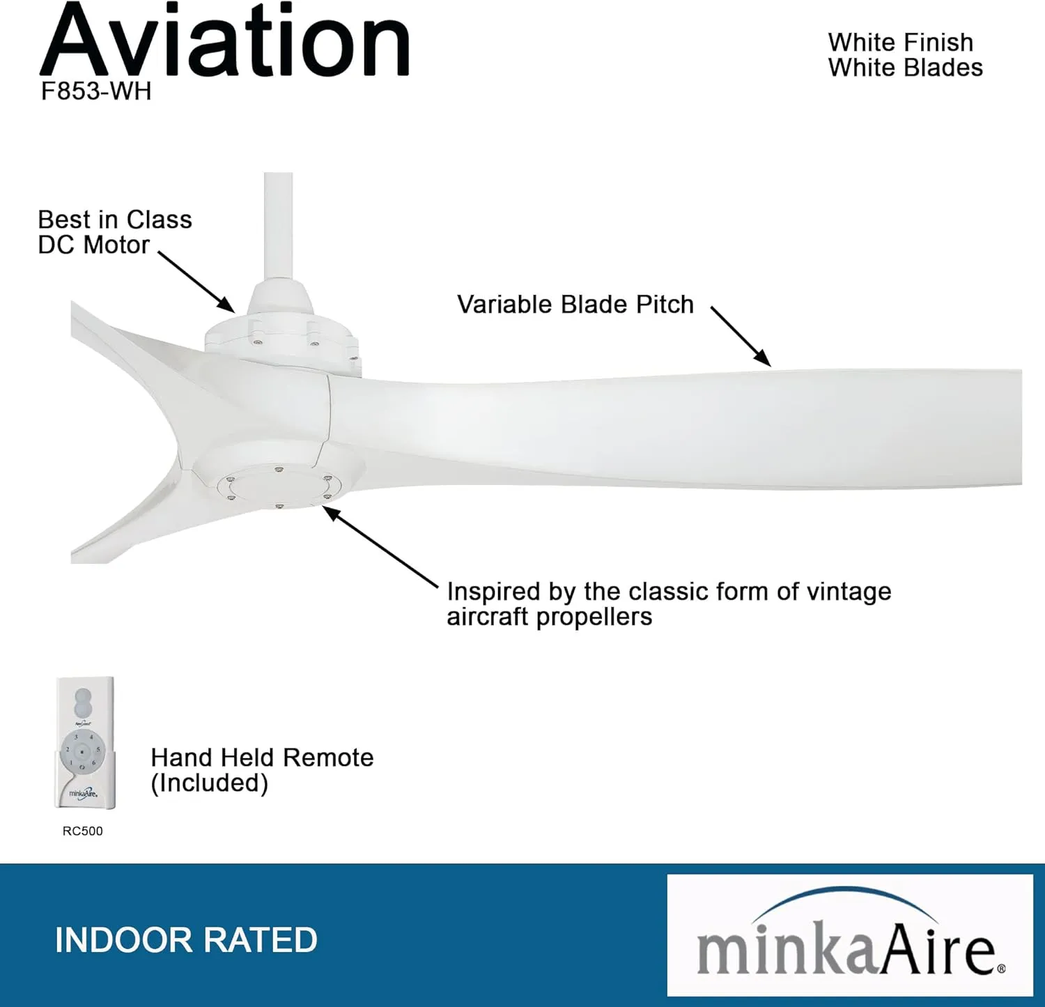 Minka-Aire F853-WH, Aviation White 60" Ceiling Fan with Remote Control