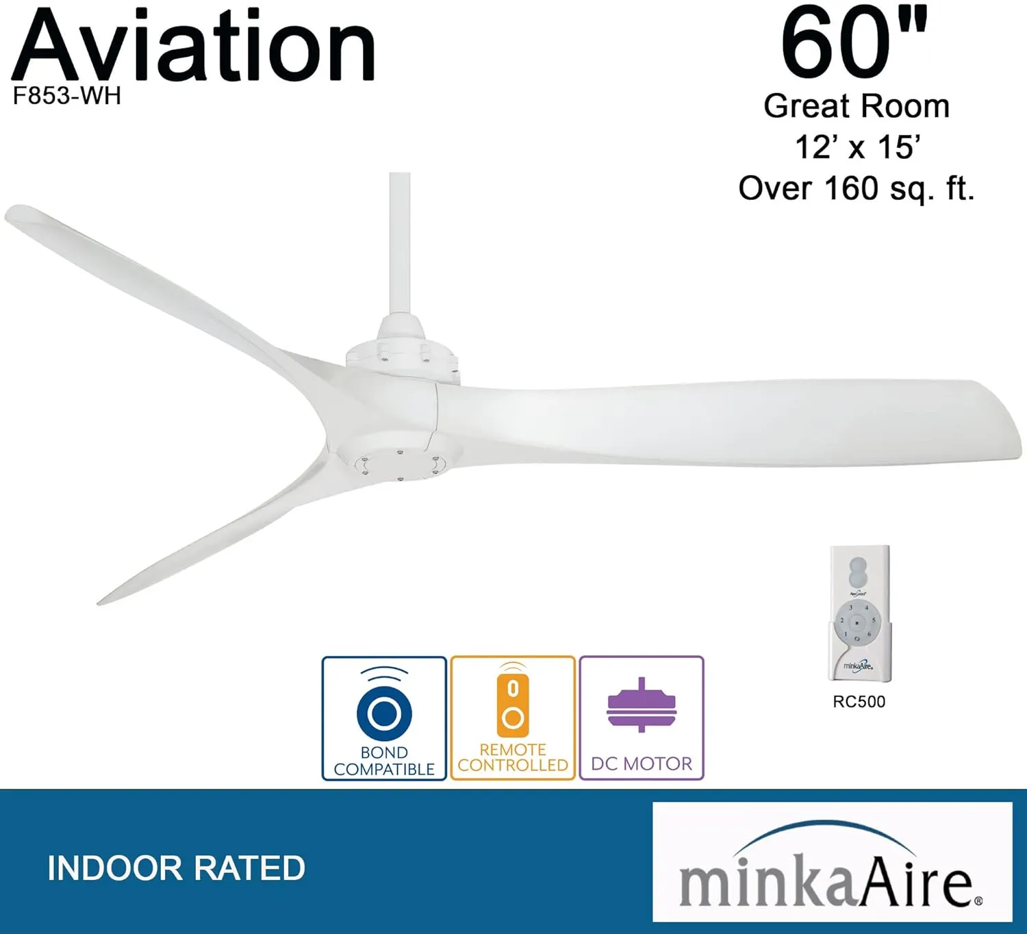 Minka-Aire F853-WH, Aviation White 60" Ceiling Fan with Remote Control