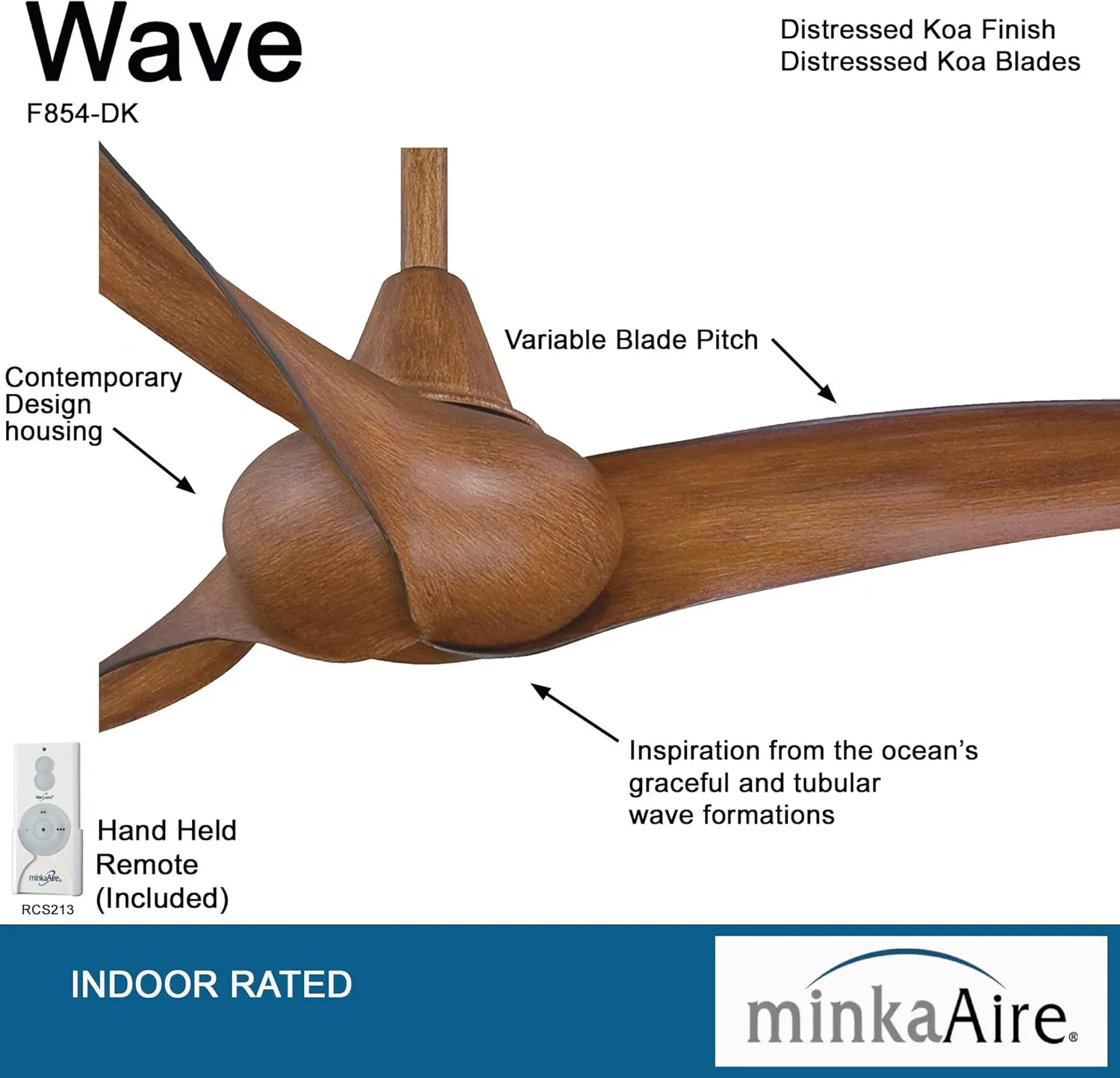 Minka-Aire F854-DK Wave 44" Ceiling Fan with Remote Control in Distressed Koa Finish (no light kit)