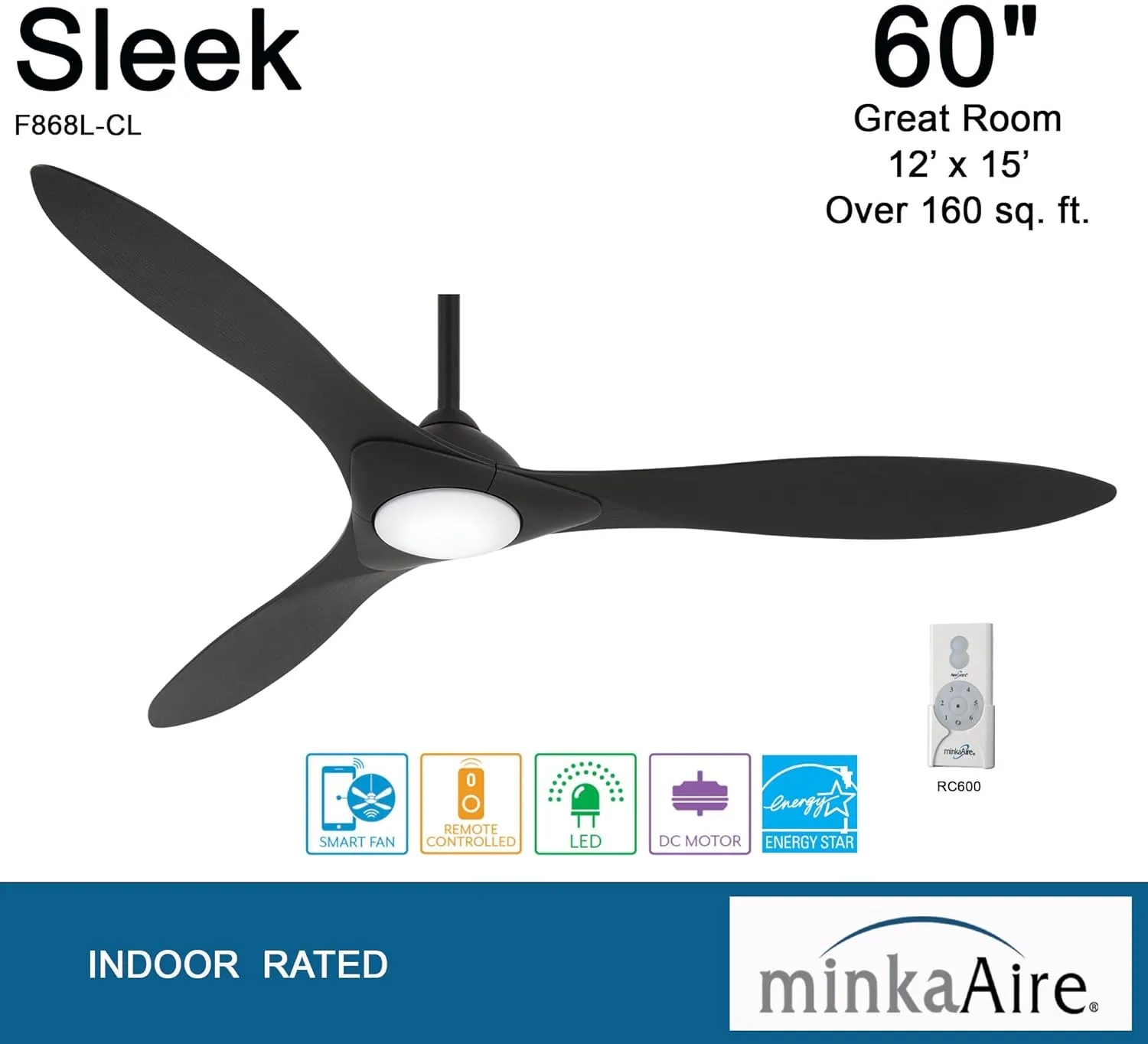 Minka-Aire F868L-CL/CL Sleek 60" Ceiling Fan Wi-FI Enabled with LED Lights & Remote Control, Coal