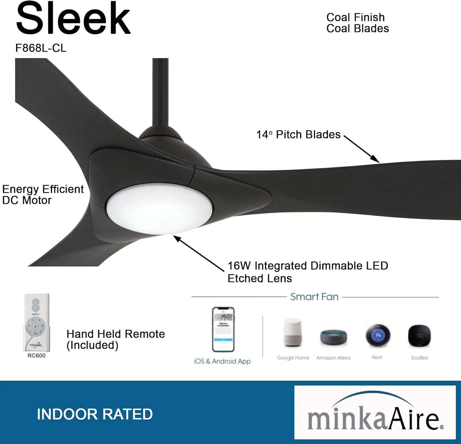Minka-Aire F868L-CL/CL Sleek 60" Ceiling Fan Wi-FI Enabled with LED Lights & Remote Control, Coal