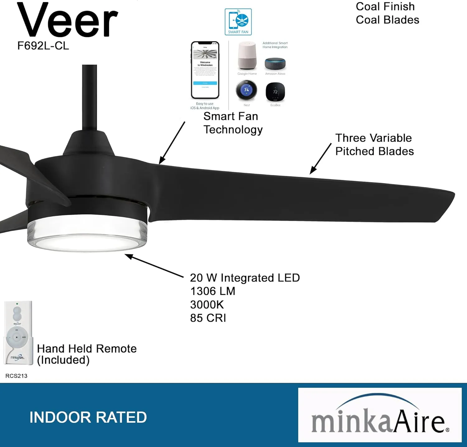 MINKA-AIRE Veer 56" LED Ceiling Fan F692L-CL - Coal