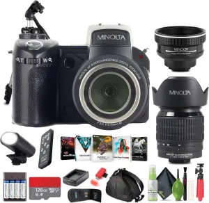 MINOLTA MN24Z 33 MP Autofocus / 1080P FHD Camera w/Interchangeable Lens Kit (Black)   4xAA Battery with Charger   microSDXC Ultra 128GB Memory Card   Corel Photo, Video, & Art Suite Deluxe   More