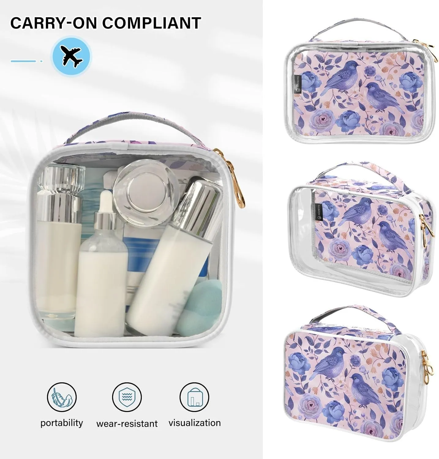 MNSRUU Clear Makeup Bags Pink and Blue Pastel Colors Bird Toiletry Bag for Women 2 PCS Waterproof Clear Bags Clear Travel Toiletry Bag Small Cosmetic Makeup Bag, Carry on Airport Airline Compliant Bag