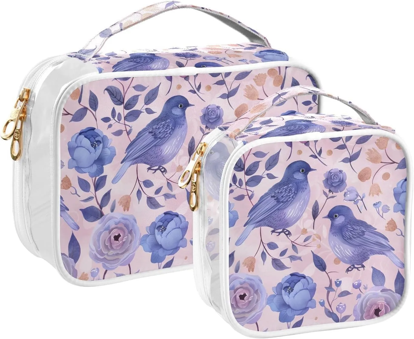 MNSRUU Clear Makeup Bags Pink and Blue Pastel Colors Bird Toiletry Bag for Women 2 PCS Waterproof Clear Bags Clear Travel Toiletry Bag Small Cosmetic Makeup Bag, Carry on Airport Airline Compliant Bag