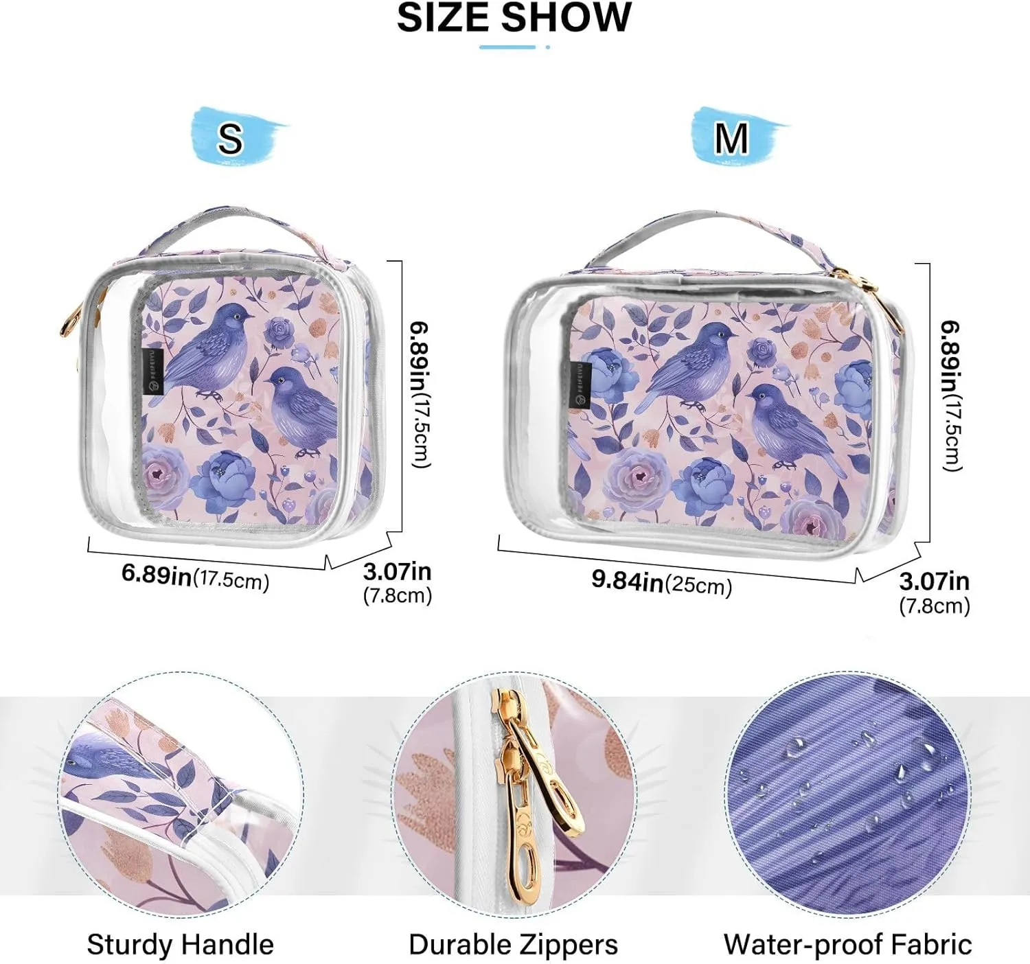MNSRUU Clear Makeup Bags Pink and Blue Pastel Colors Bird Toiletry Bag for Women 2 PCS Waterproof Clear Bags Clear Travel Toiletry Bag Small Cosmetic Makeup Bag, Carry on Airport Airline Compliant Bag