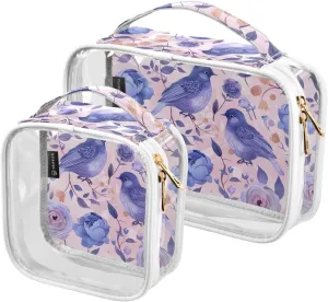 MNSRUU Clear Makeup Bags Pink and Blue Pastel Colors Bird Toiletry Bag for Women 2 PCS Waterproof Clear Bags Clear Travel Toiletry Bag Small Cosmetic Makeup Bag, Carry on Airport Airline Compliant Bag