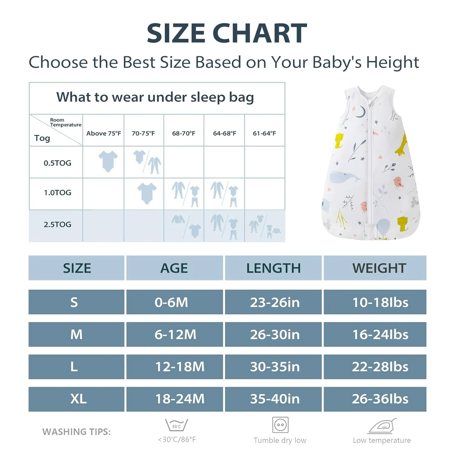 Mosebears Sleep Sack Baby Winter Wearable Blanket with 2-Way Zipper,2.5 TOG Cotton Sleep Sack Unisex (White Animal, 6-12 Months)