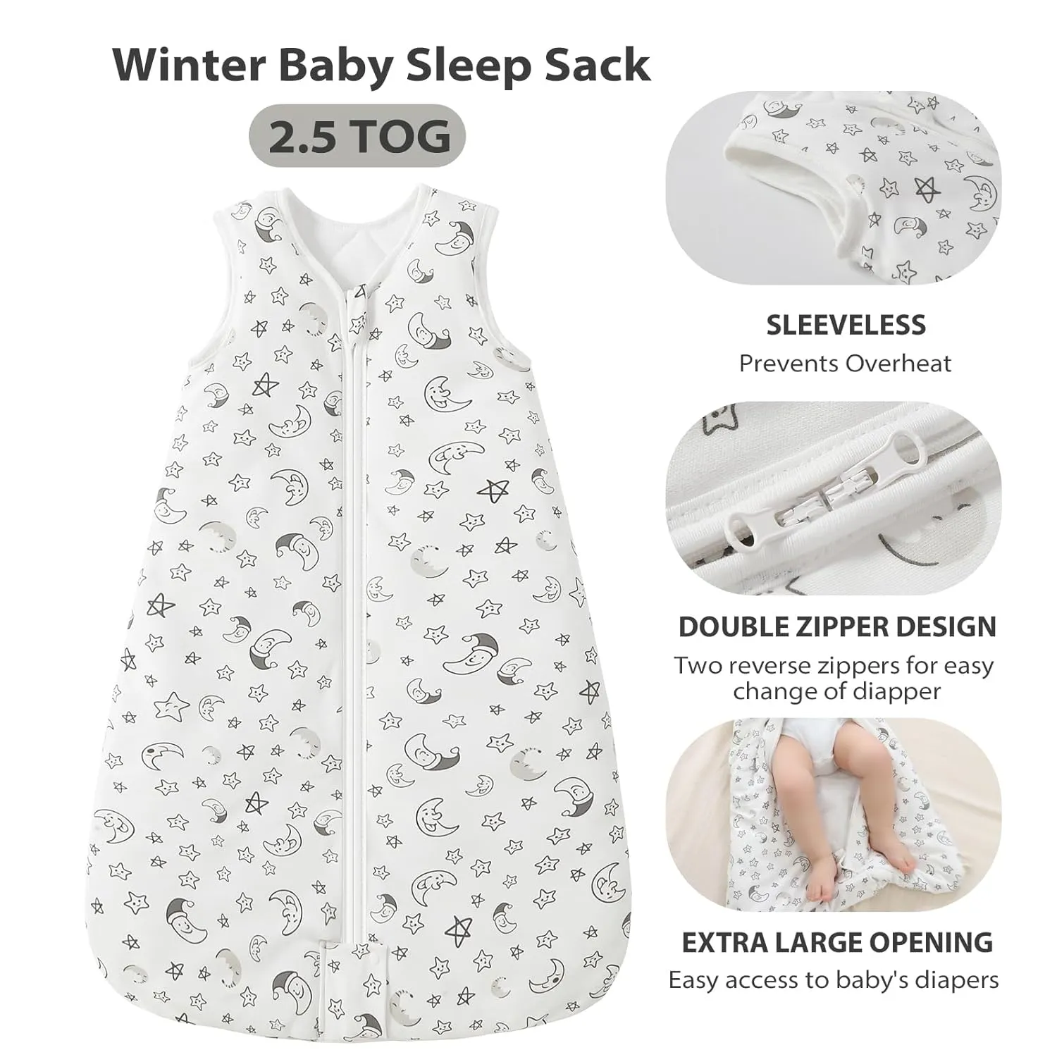 Mosebears Sleep Sack Baby Winter Wearable Blanket with 2-Way Zipper,2.5 TOG Cotton Sleep Sack Unisex (White Star, 18-24 Months)