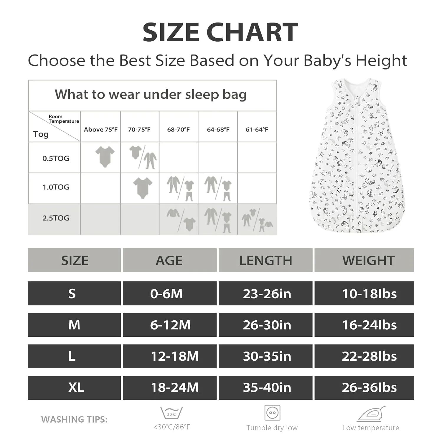Mosebears Sleep Sack Baby Winter Wearable Blanket with 2-Way Zipper,2.5 TOG Cotton Sleep Sack Unisex (White Star, 18-24 Months)