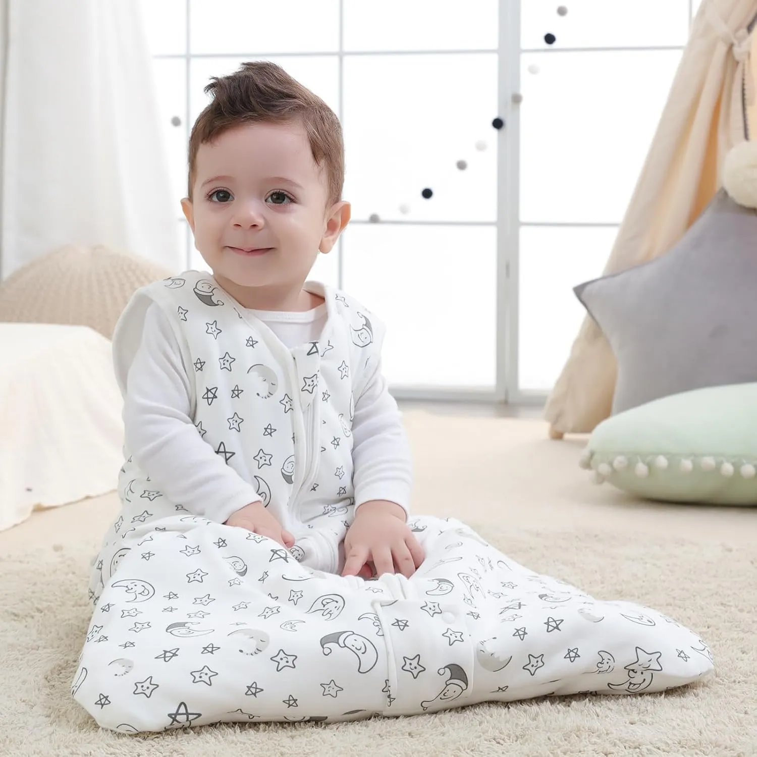 Mosebears Sleep Sack Baby Winter Wearable Blanket with 2-Way Zipper,2.5 TOG Cotton Sleep Sack Unisex (White Star, 18-24 Months)