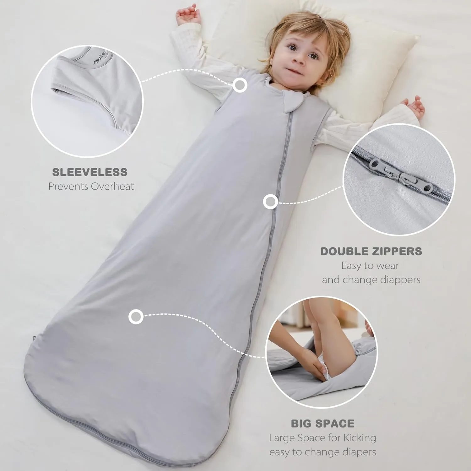 Mosebears Unisex Rayon Made from Bamboo Sleep Sack with 2-Way Zipper,2.5 Tog Baby Winter Sleep Sack (Light Grey,18-36 Months)