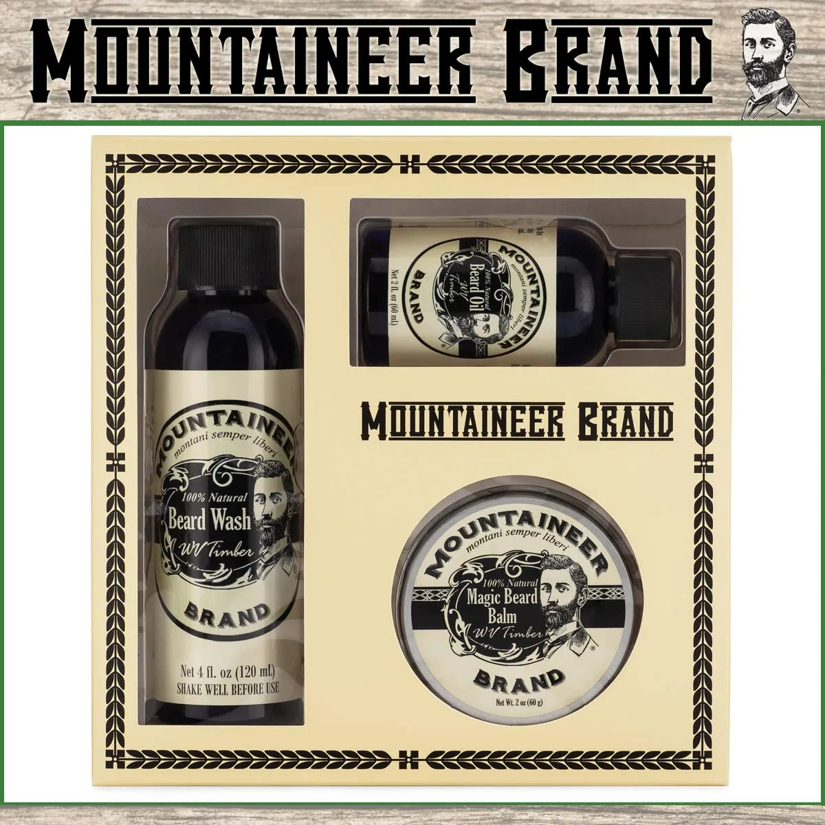 Mountaineer Brand Beard Grooming Kit | 2oz Beard Oil, 2oz Conditioning Balm, 4oz Beard Wash - Mustache Growth, Men's WV Timber Bonus