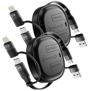 Multi Charging Cable, 2Pack 5 in 1 Retractable Lightning Charger Cable 60W USB C to USB C Fast Charging, Multiple USBC Cord Multi Car Charger for iPhone 16/15/14 Pro Max,iPad,Samsung S24 S23,Tablets