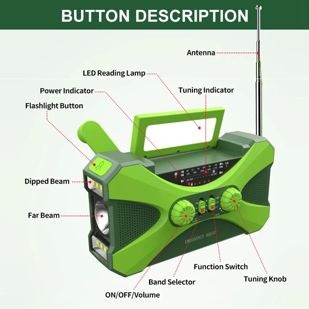 Multifunctional Hand Crank Solar Weather Radio with AM/FM/WB, USB Charging, LED Flashlight, and Power Bank 10000mAh