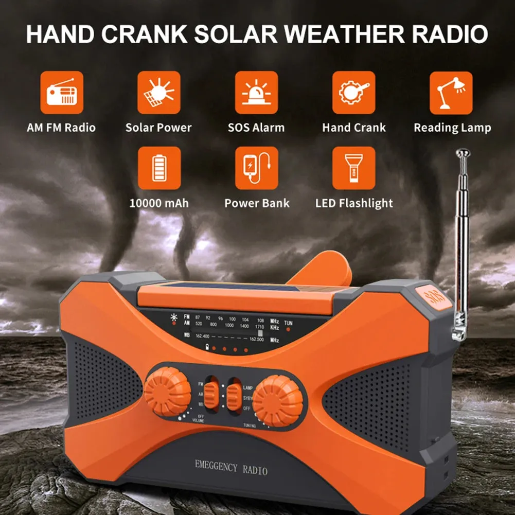Multifunctional Hand Crank Solar Weather Radio with AM/FM/WB, USB Charging, LED Flashlight, and Power Bank 10000mAh
