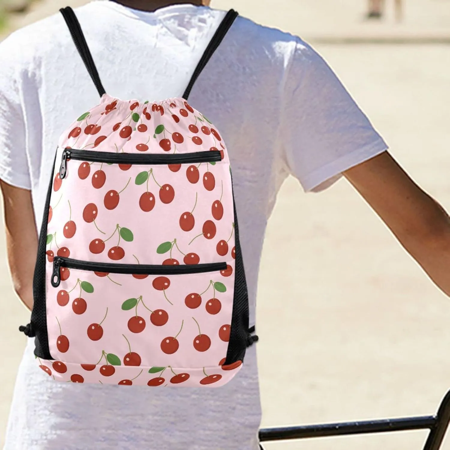 Nannle Large Drawstring Sackpack, Fresh Red Cherry Pink Floral Pattern Sport String Bag with Pockets for Travel Gym Swimming Beach