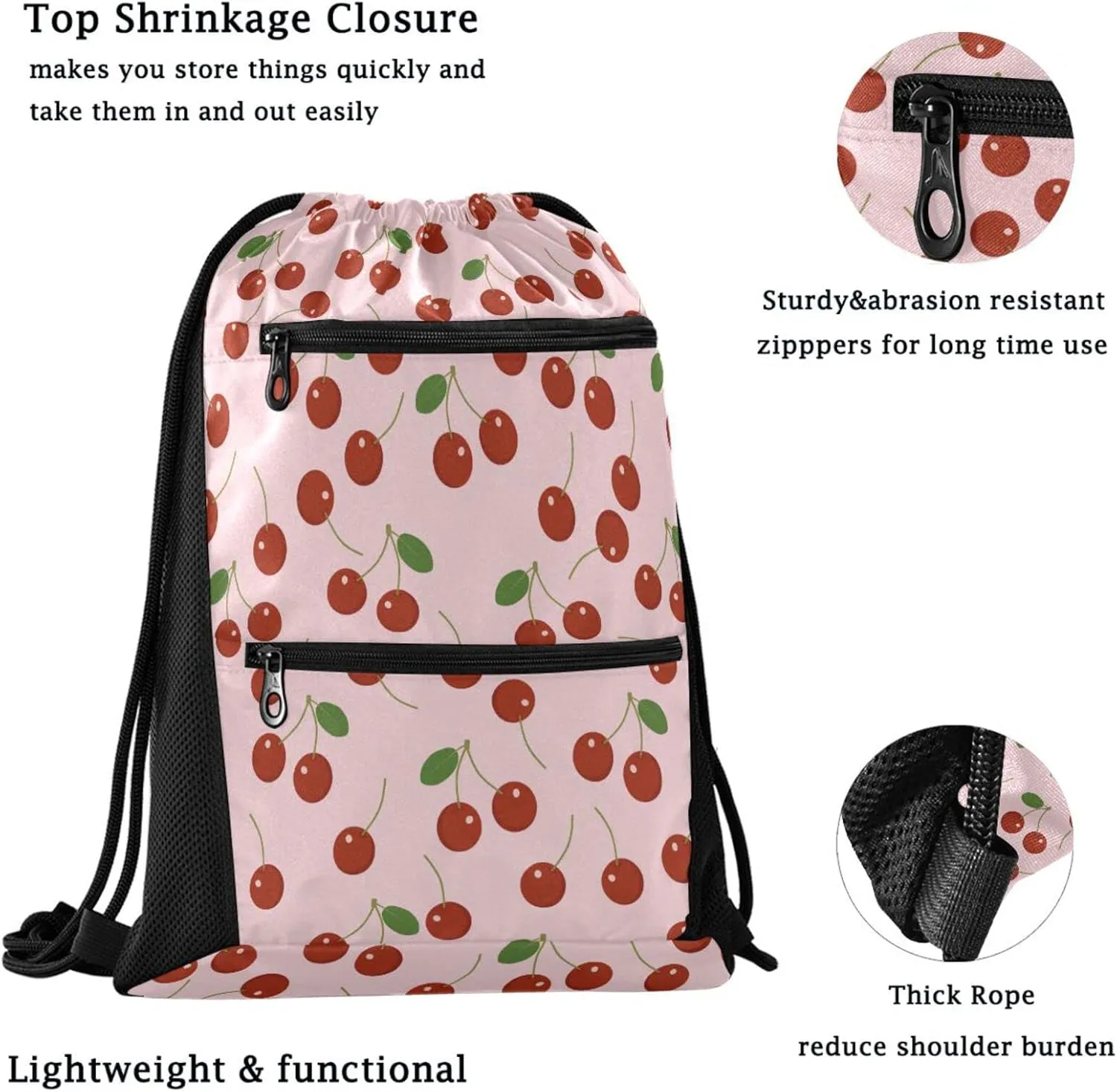 Nannle Large Drawstring Sackpack, Fresh Red Cherry Pink Floral Pattern Sport String Bag with Pockets for Travel Gym Swimming Beach