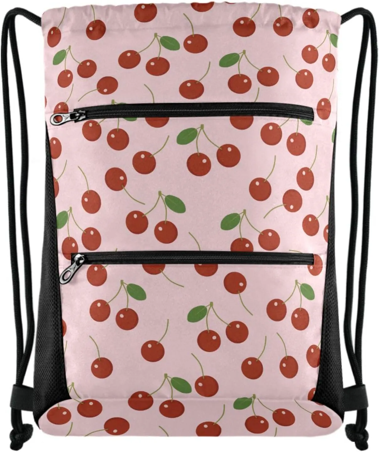 Nannle Large Drawstring Sackpack, Fresh Red Cherry Pink Floral Pattern Sport String Bag with Pockets for Travel Gym Swimming Beach