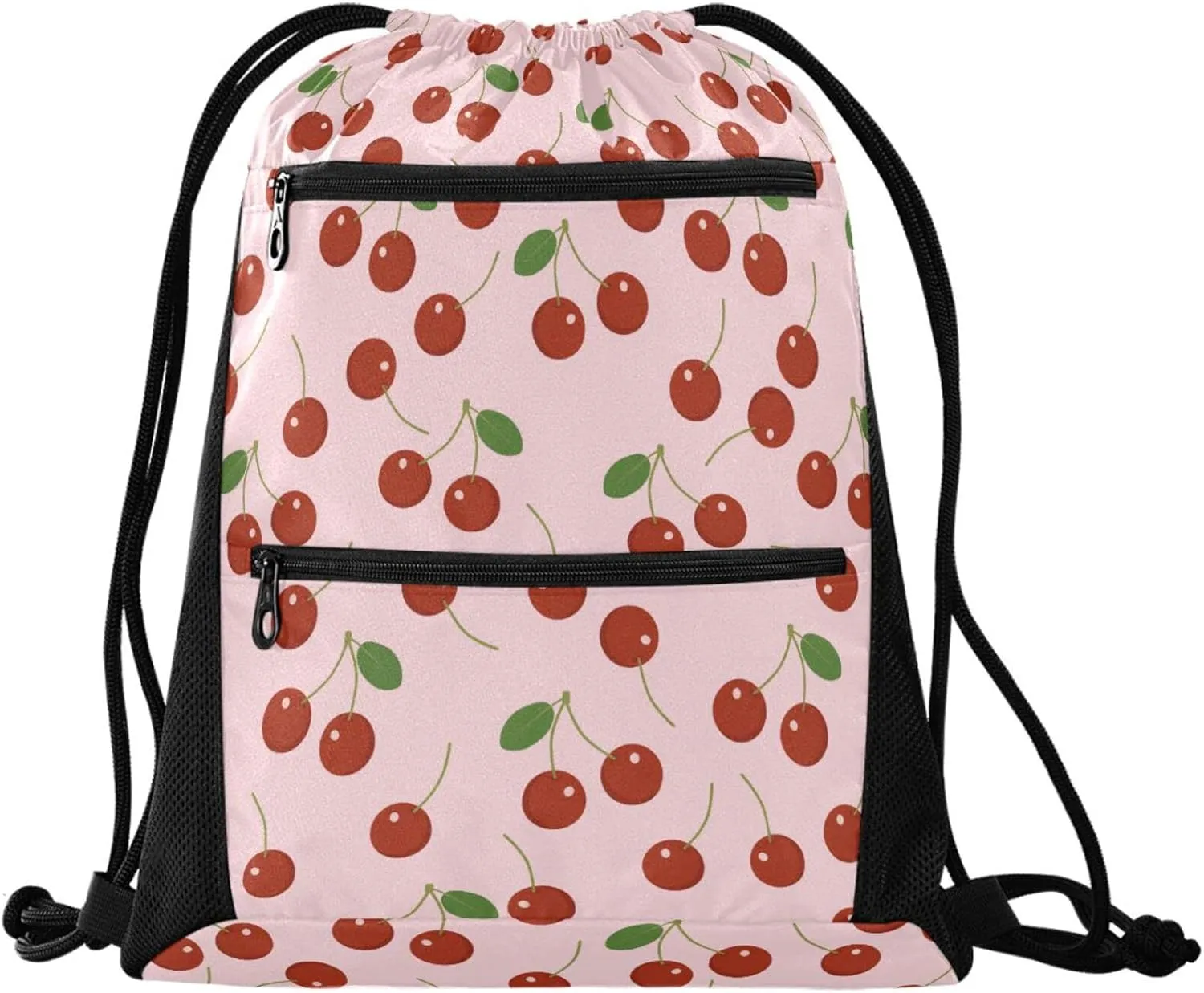Nannle Large Drawstring Sackpack, Fresh Red Cherry Pink Floral Pattern Sport String Bag with Pockets for Travel Gym Swimming Beach