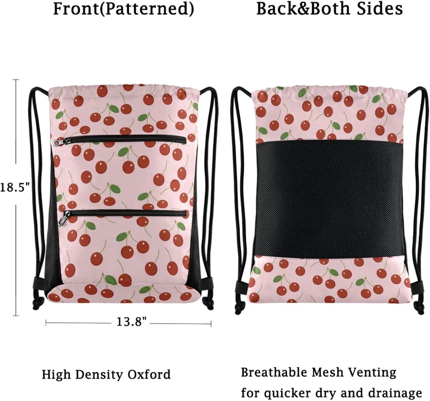 Nannle Large Drawstring Sackpack, Fresh Red Cherry Pink Floral Pattern Sport String Bag with Pockets for Travel Gym Swimming Beach
