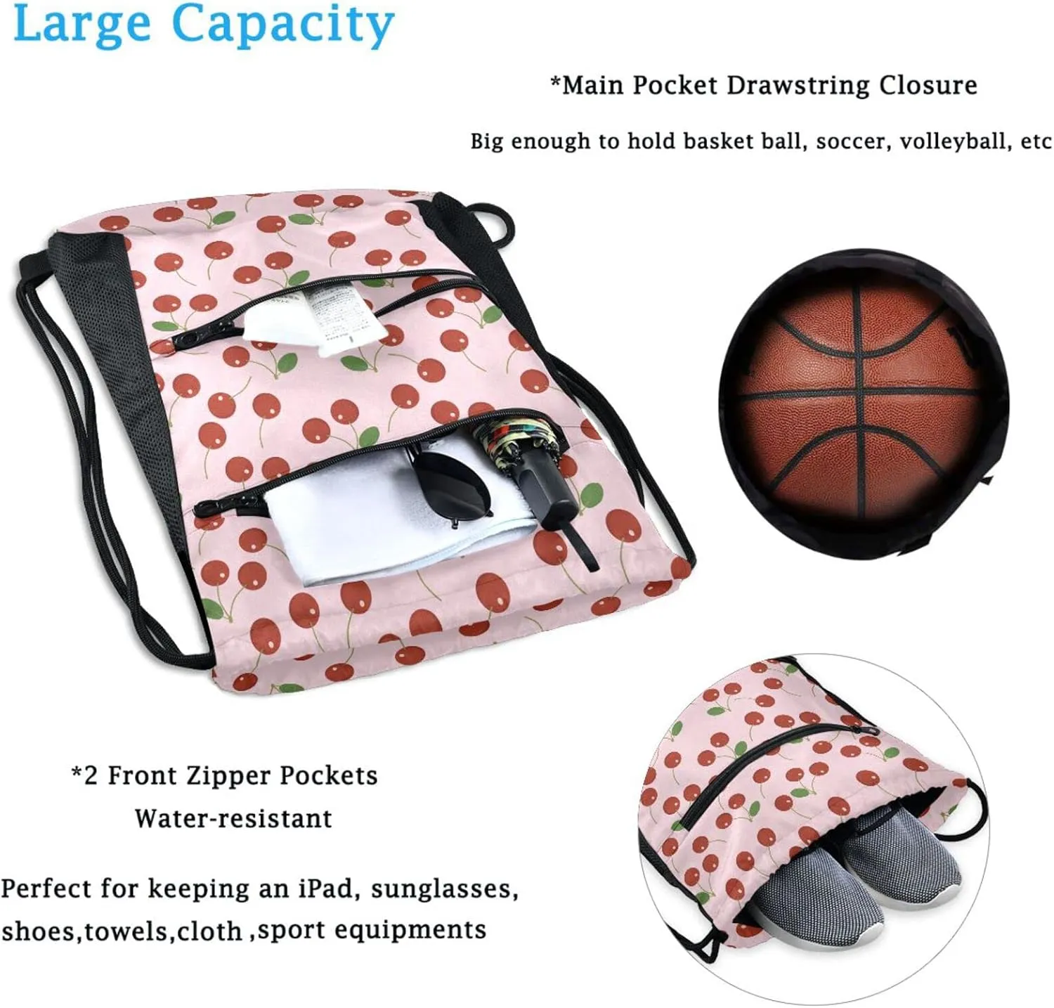 Nannle Large Drawstring Sackpack, Fresh Red Cherry Pink Floral Pattern Sport String Bag with Pockets for Travel Gym Swimming Beach