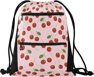 Nannle Large Drawstring Sackpack, Fresh Red Cherry Pink Floral Pattern Sport String Bag with Pockets for Travel Gym Swimming Beach