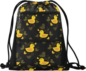 Nannle Large Drawstring Sackpack, Sweet Cute Yellow Ducks Floral Pockets String Storage Bag for Adult Travel Beach Gym Swimming Camping