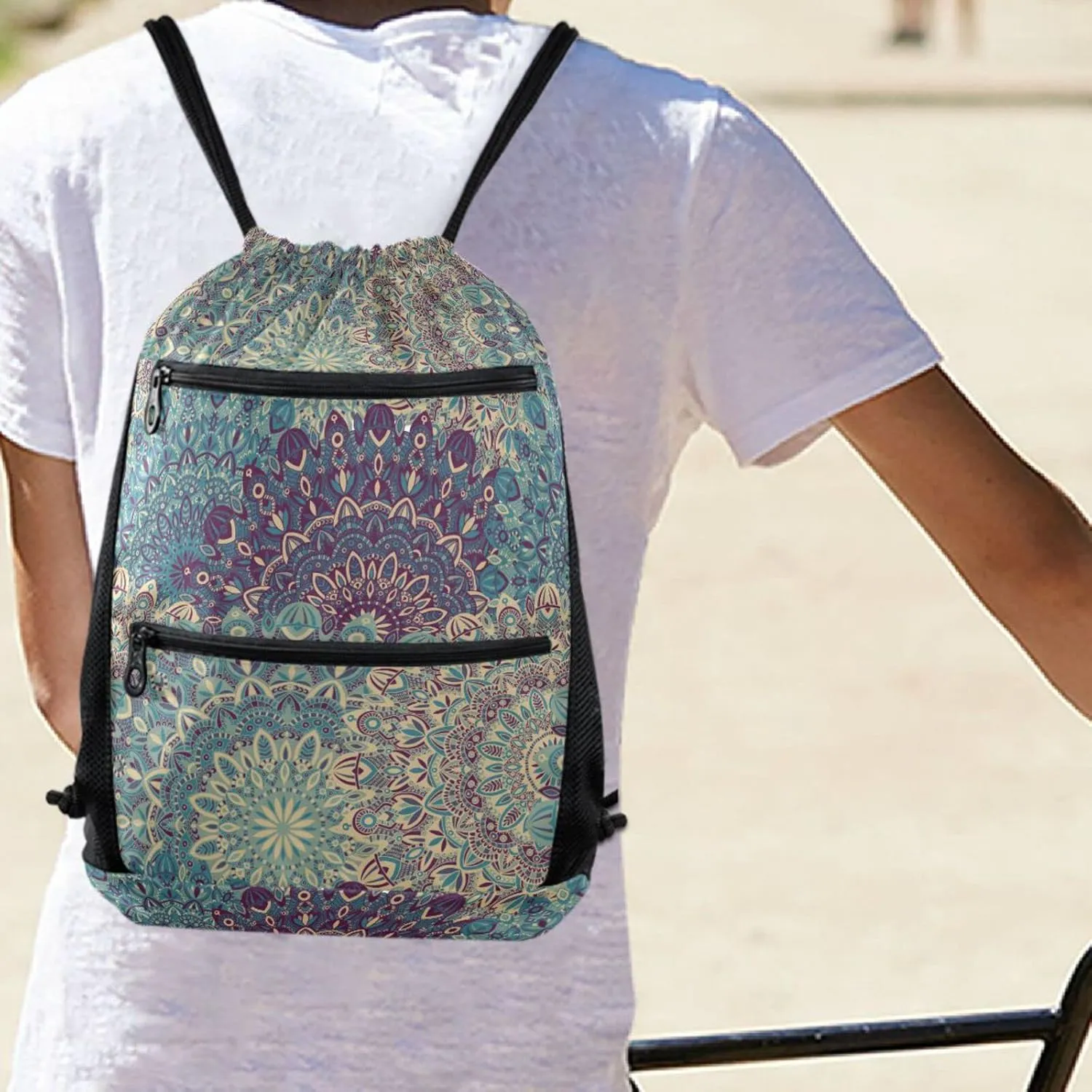Nannle Large Drawstring Sackpack, Tribal Vintage Ethnic Mandala Sport String Bag with Pockets for Travel Gym Swimming Beach