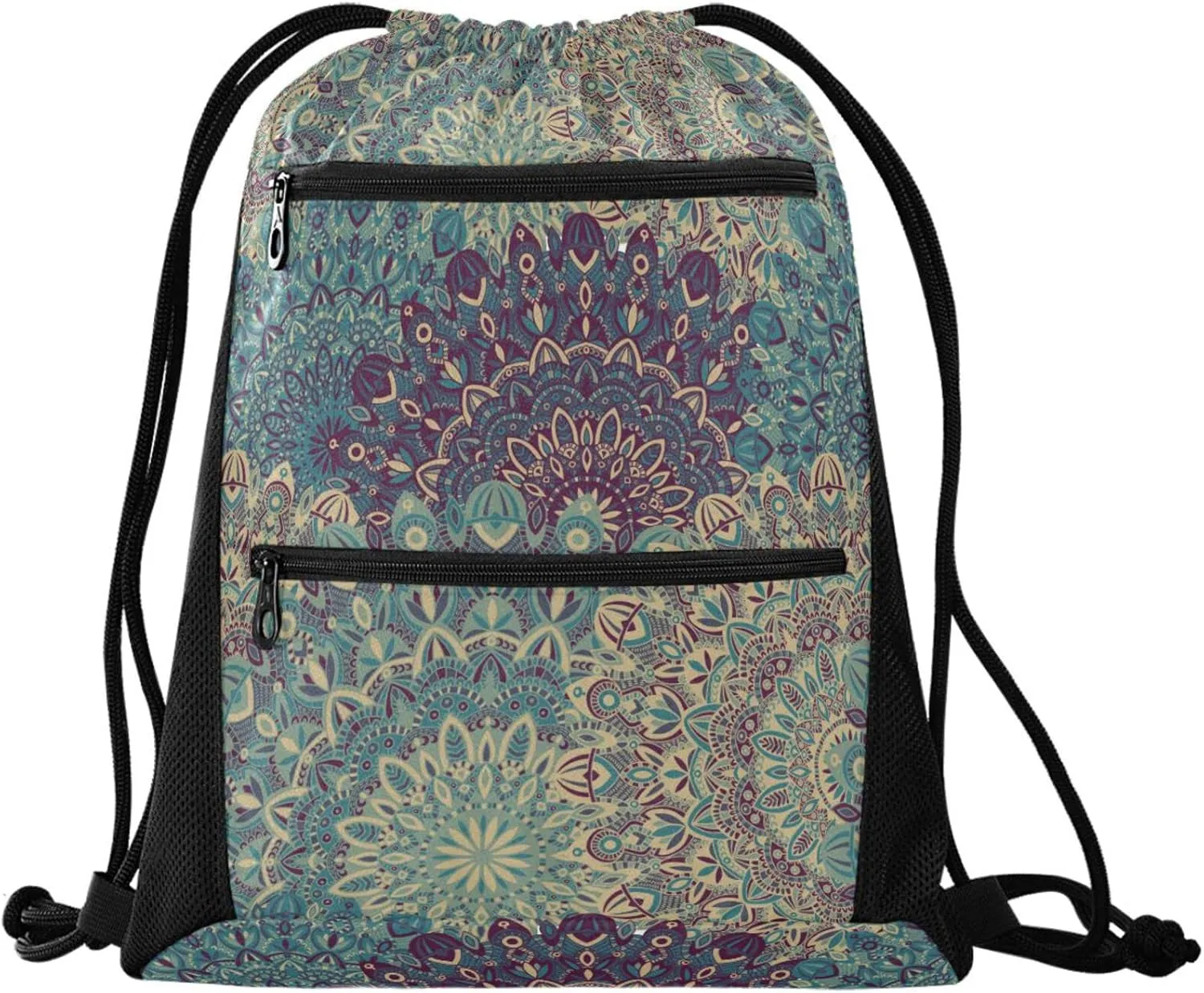 Nannle Large Drawstring Sackpack, Tribal Vintage Ethnic Mandala Sport String Bag with Pockets for Travel Gym Swimming Beach